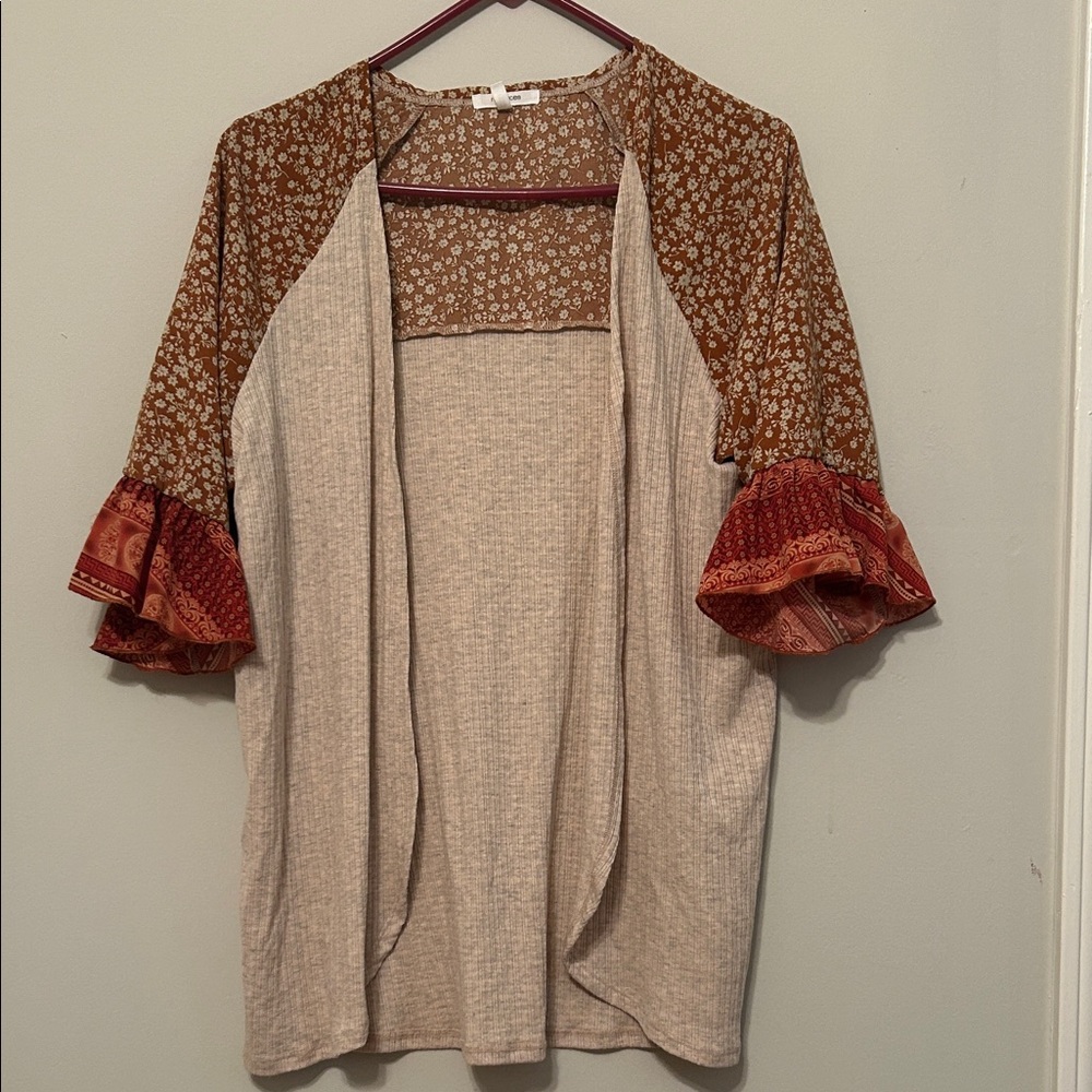Maurices Tan and Red Patterned Sleeve Cardigan